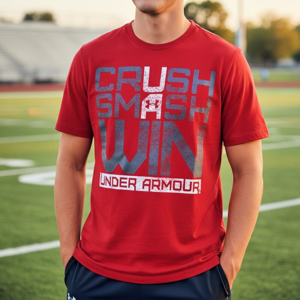 Under Armour‎ T-Shirt Men's Large Red HeatGear Loose Fit Wordmark Graphic Tee